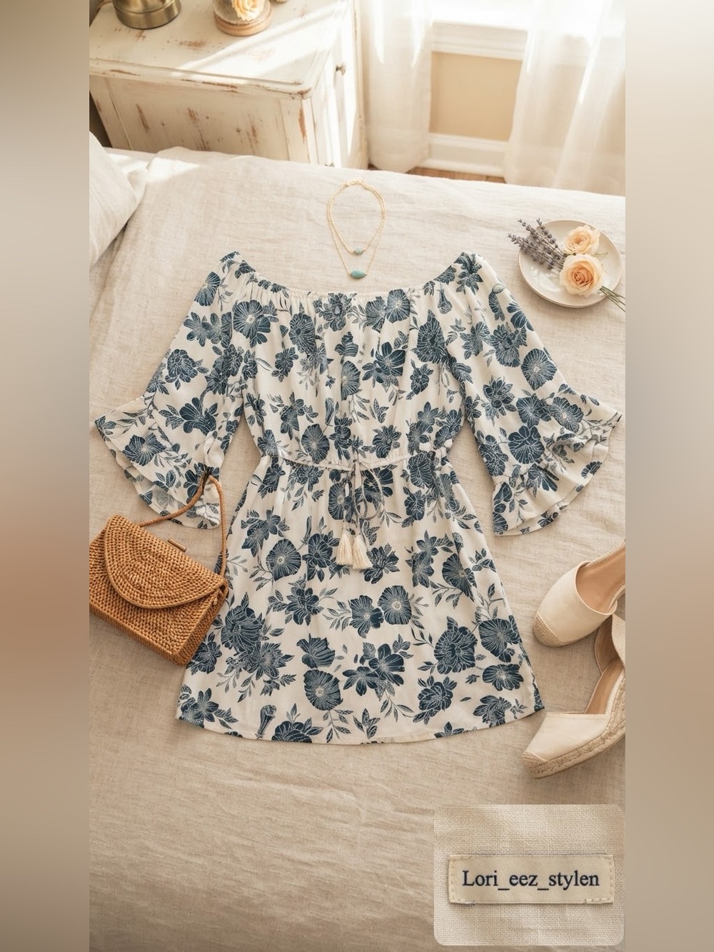 Blush Off-Shoulder White Dress with Blue Floral Print